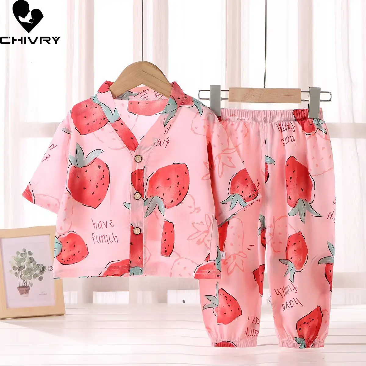 Kids Summer Thin Clothing Sets New Boys Girls Cartoon Short Sleeve V-neck Shirt Tops with Pants Baby Sleeping Pajamas Homewear