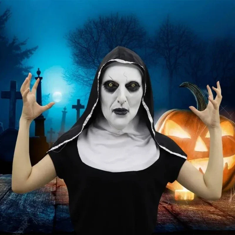 

Halloween Fancy Dress Party Carnival Horror Nun Latex Mask with Head Scarf Cosplay Costume Headgear Scary Ghost Nun Mask New