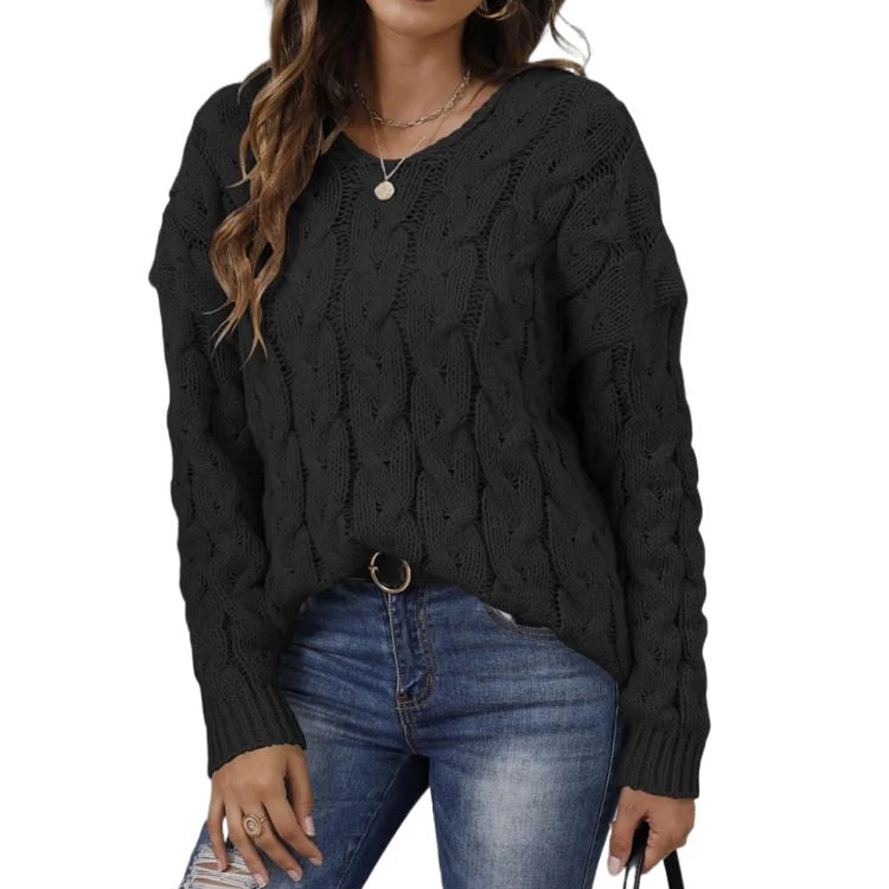 Women Thick Knitted V Neck Pullover Sweater Autumn Winter