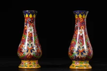 

6" Tibetan Temple Collection Old Bronze Cloisonne lotus lotus pattern clean bottle vase a pair office ornament town house