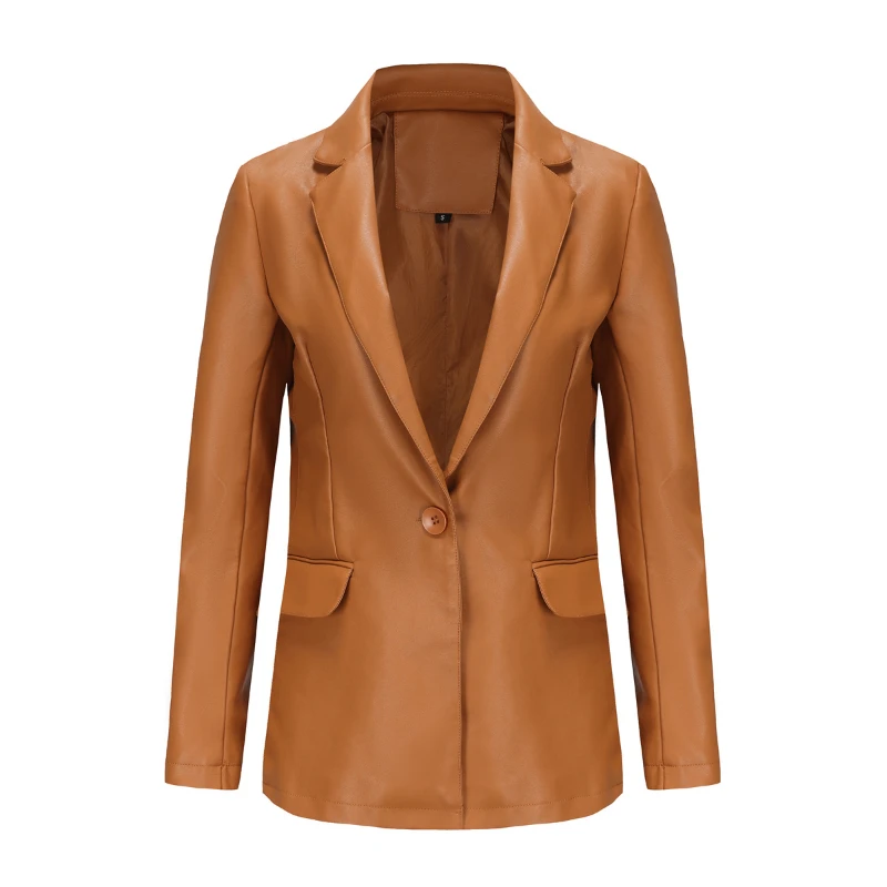 

New Autumn European American Women Small Suit Coat One Button Casual Solid Color Women Leather Coat Windproof Female