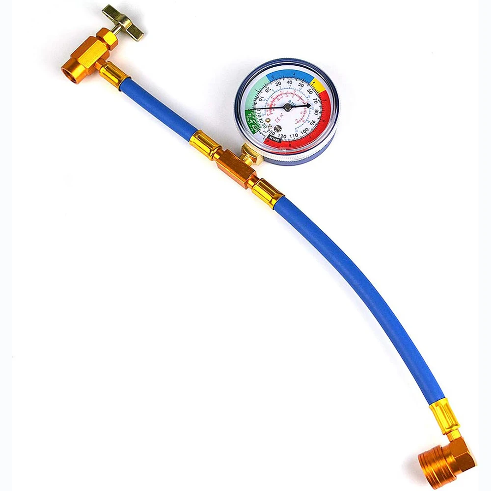 

R134A Car Air Conditioning Refrigerant Charging Hose kit with Pressure Gauge 1/2" Acme AC Recharge Measuring U-Hose Can Tap