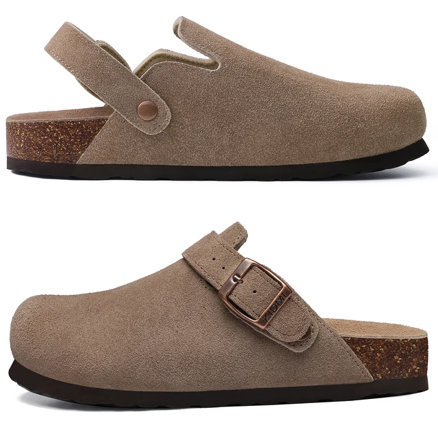 Shevalues Women Cow Suede Clogs With Adjustable Buckle Cork Leather Mules Comfortable Slip on Women Slippers Outdoor Cork Clogs