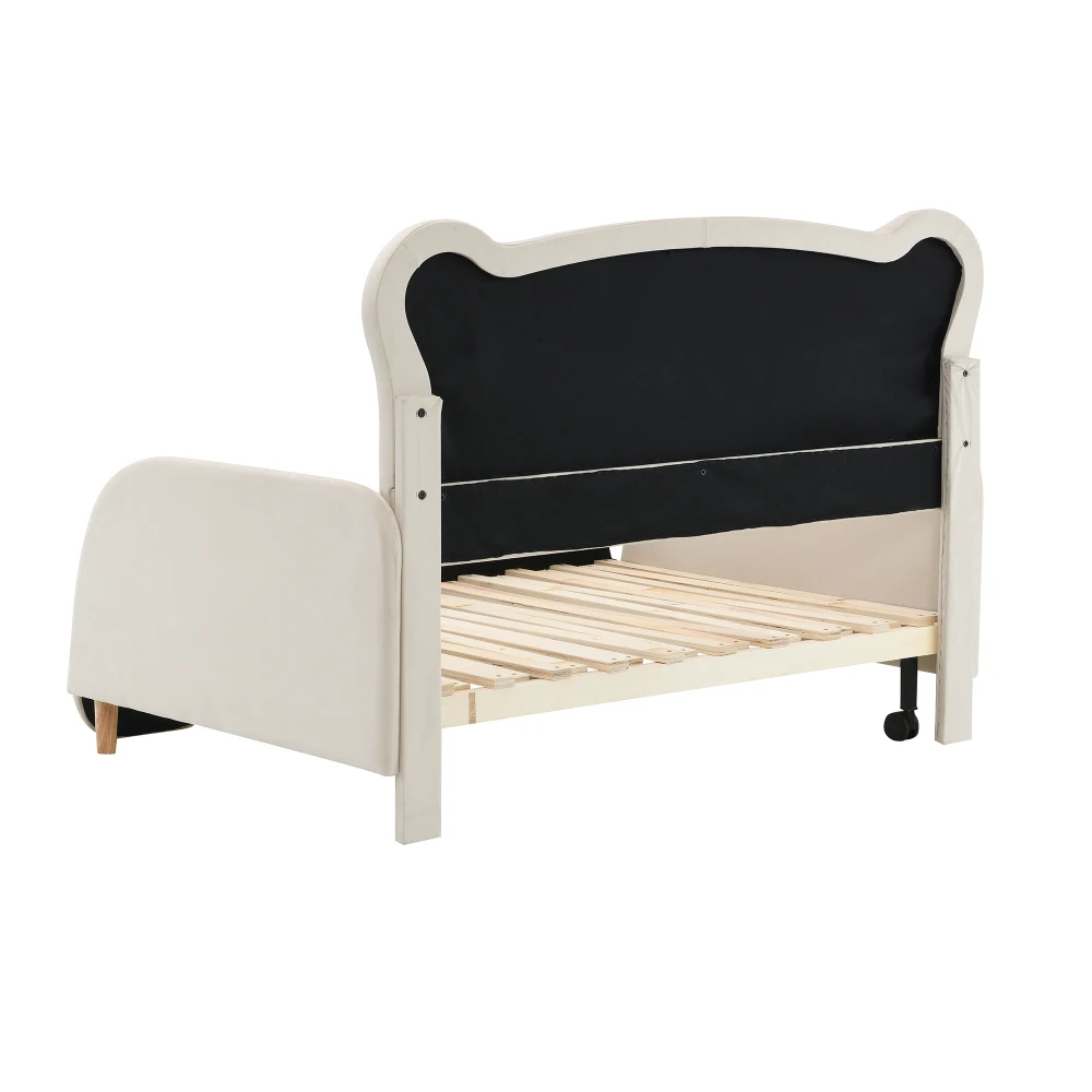Beige Samt-Bett in Bärenform 140x105&140x200cm Gepolstertes Kinderbett Ausziehbares Tagesbett mit Weichen Schutzkanten – Detail 15