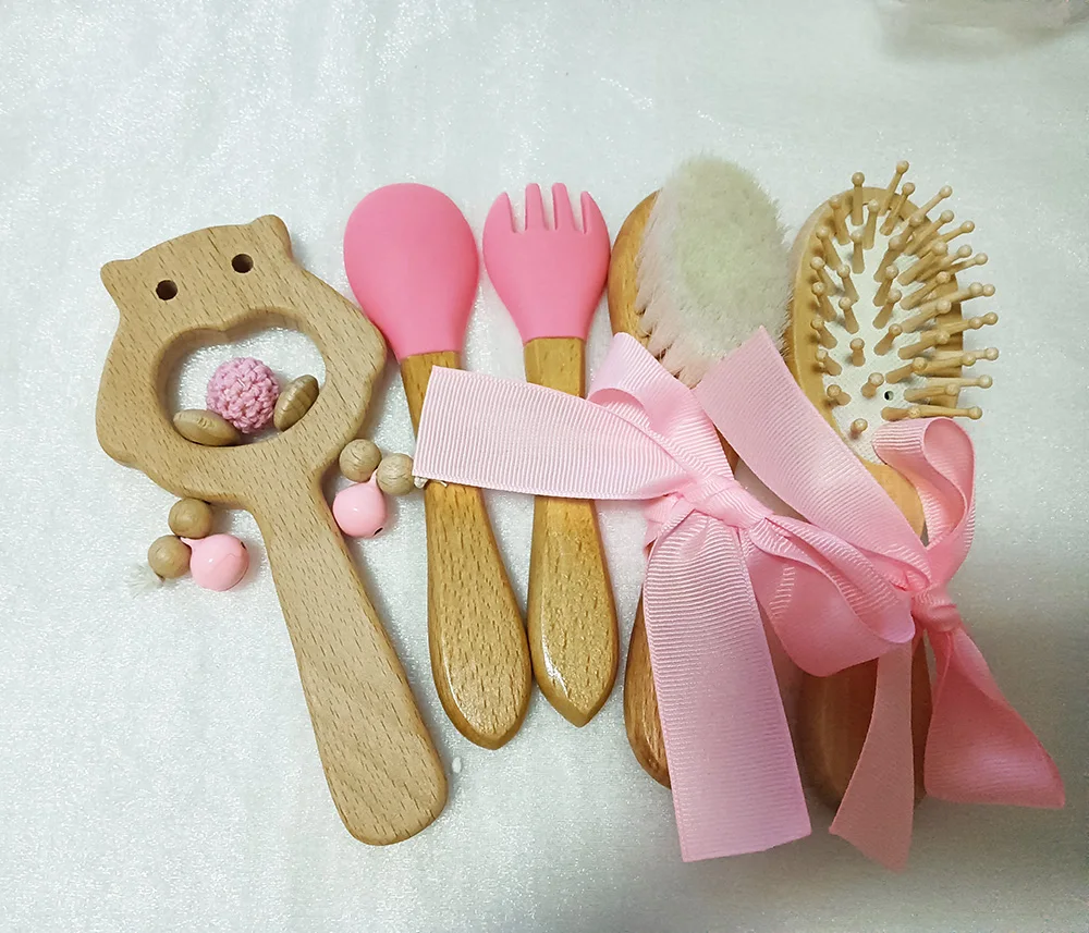 Wooden Rattle with Personalized Name for Baby, Silicone Spoon and Fork Set, Sensory Toy, Newborn Hair Brush, Kids Gift