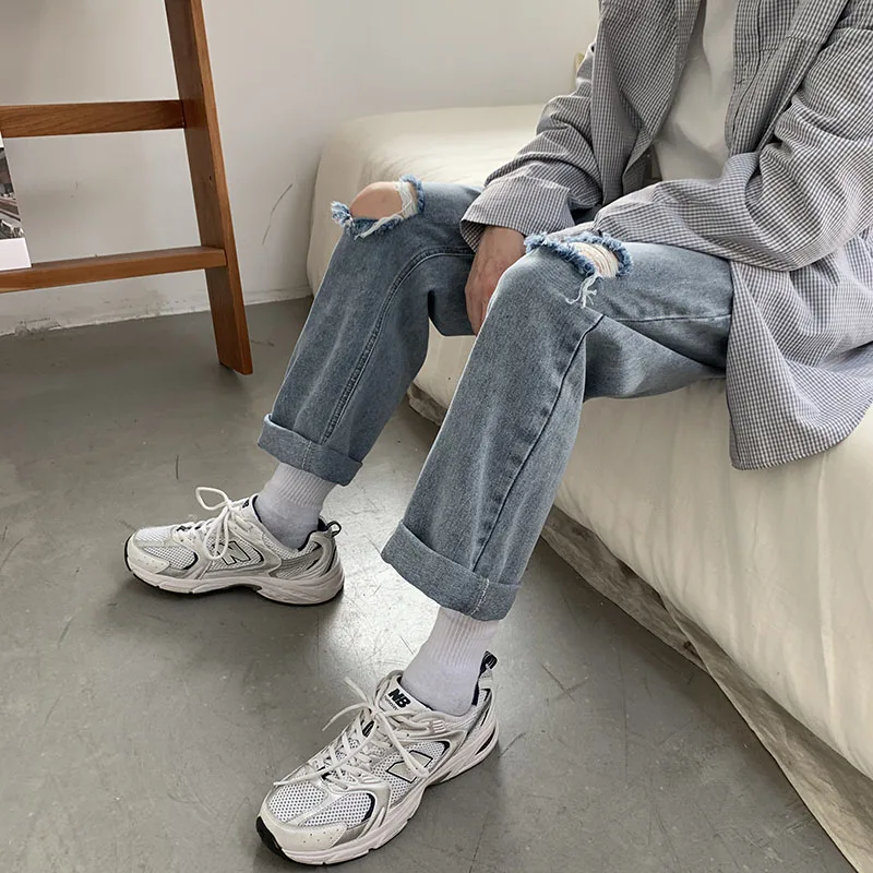 Korean Fashion Men's Light Blue Ripped Jeans Spring Summer Streetwear Baggy Denim Wide Leg Trousers Ankle-Length Pants Male new men joggers cargo denim pants japanese streetwear male ankle harajuku casual hip hop jeans trousers men