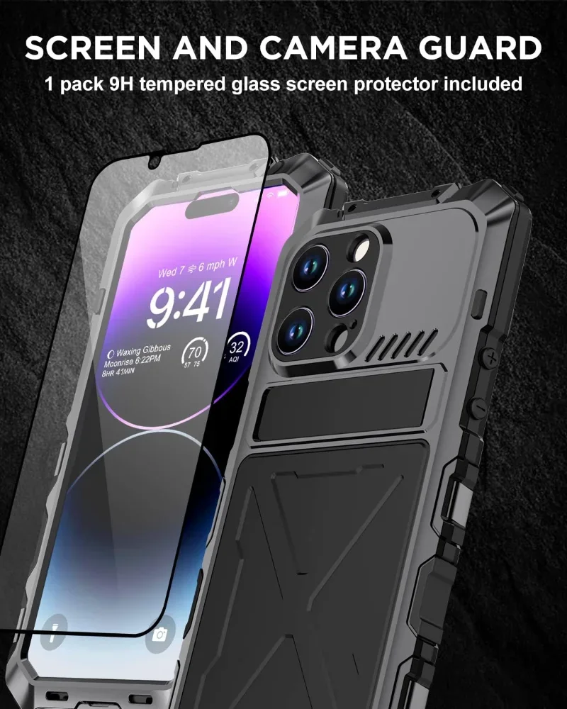 Heavy Duty Metal Frame Case for iPhone 14 Pro Max 14 Plus Kickstand Rugged Silicone Cover with Tempered Glass Screen Protector