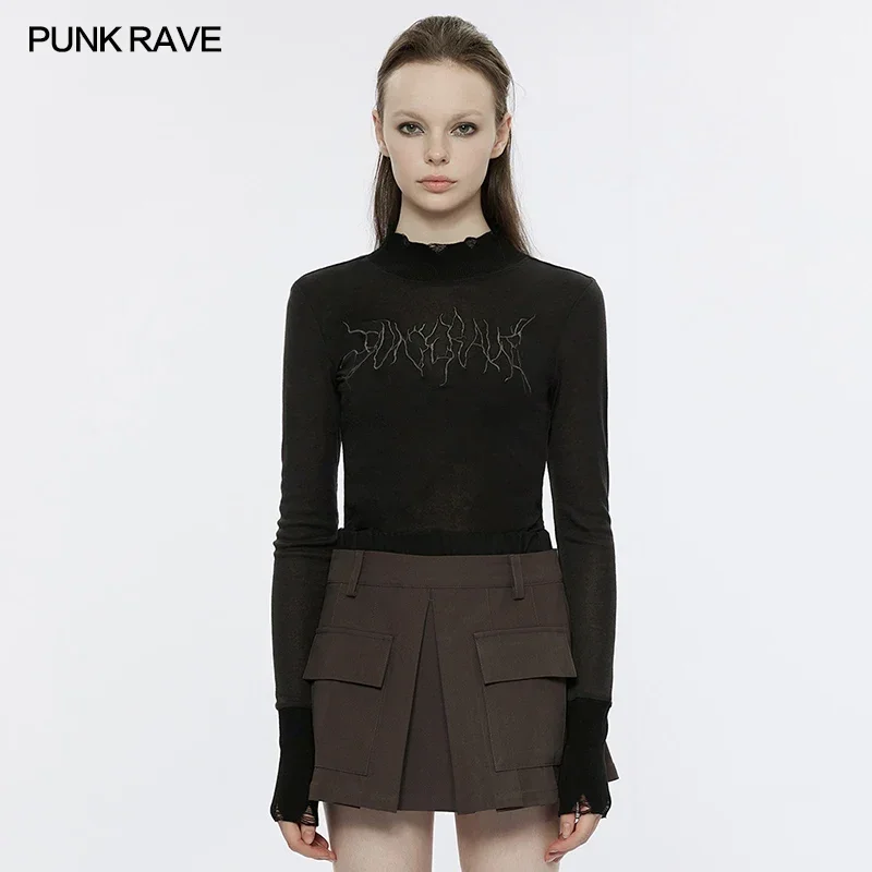 

PUNK RAVE Women's Micro-perspective Mid-high Neckline Collect Waist Embroidered T-shirt Punk Daily Ragged Cuffs Women Black Tops