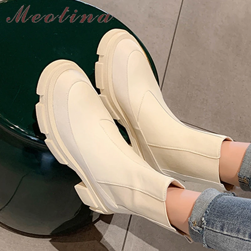 

Meotina Women Genuine Leather Chelsea Ankle Boots Round Toe Platform Thick Mid Heel Short Boot Autumn Winter Ladies Shoes Beige