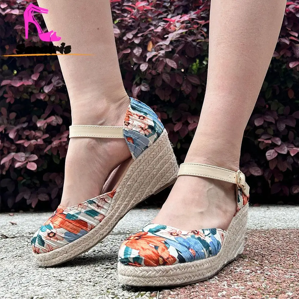 

Spring Summer 2023 Roma Style Wedge High Heels Sandals Vintage Rope Calico Slip-on Sandals Casual Comfort Walking Lady Shoes