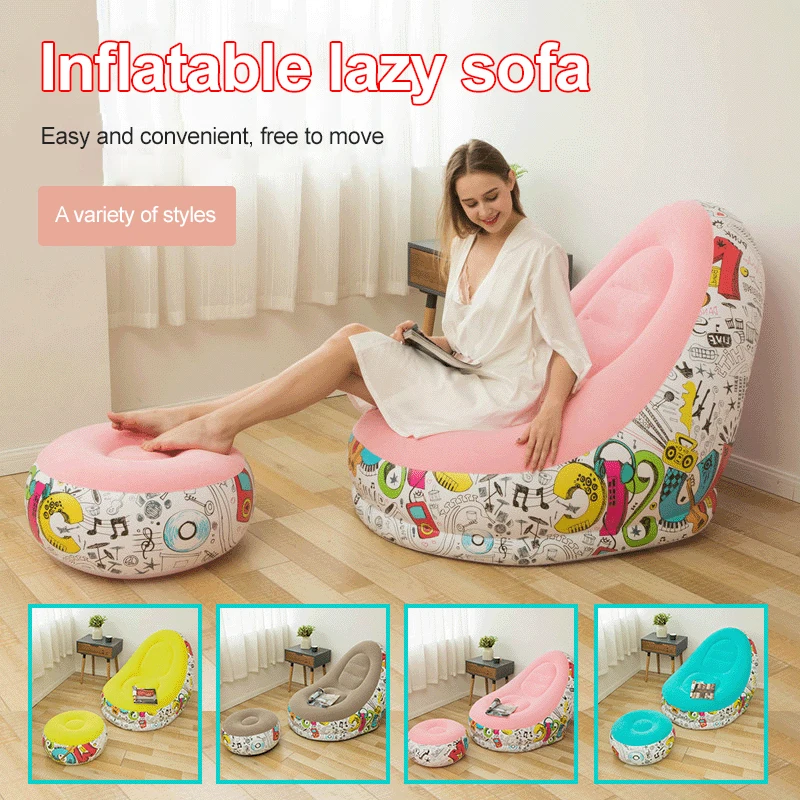 

Large Lazy Inflatable Sofa Chair Flocking Inflatable Recliner With Footstool Graffiti Lunch Recliner For Outdoor Garden Camping