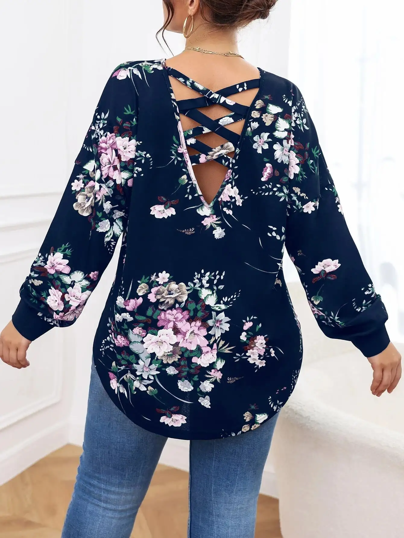 Finjani Cut Out Crisscross Back Print Blouse For Women's Crew-Neck Long Sleeves Casual Sexy Tops Plus Size Women 2023