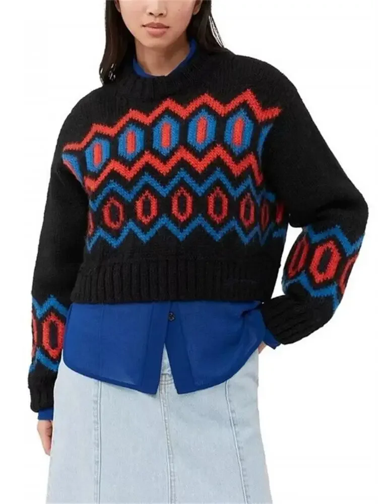 

Women Short Sweater Contrast Geometric Jacquard Vintage Autumn New O-Neck Long Sleeve Knitted Pullover