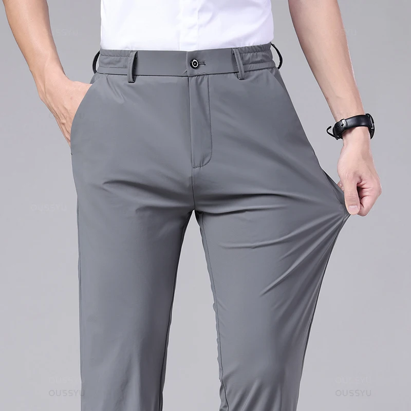 Spring Summer Men's Casual Pants Business Stretch Slim Fit Elastic Waist Jogger Korean Classic Thin Black Gray Trousers Male 5