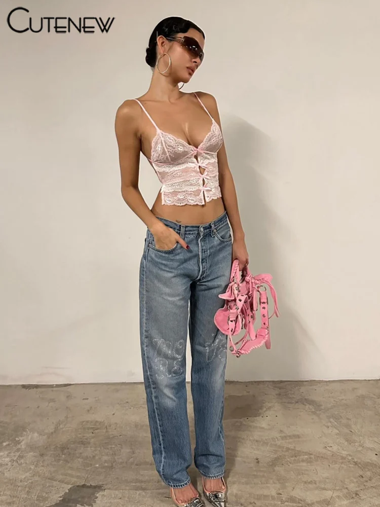 Pink Sweet Suspender Sexy Patchwork Tank Top Women Summer Camisole Sleeveless Slim Lace Vest Casual Lady Streetwear New