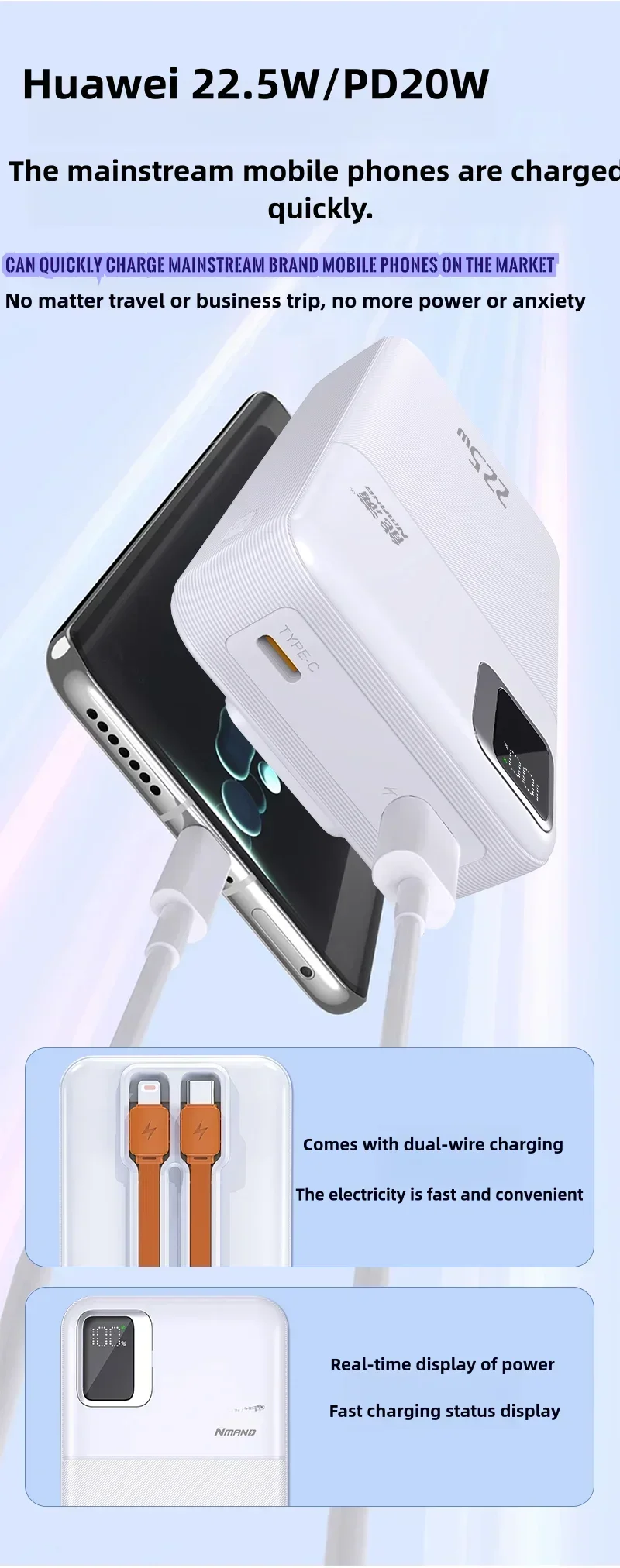 New Power Bank with Large Capacity of 200000 MAh, Fast Charging Apple Android Universal Built-in Cable Mobile Supply Portable