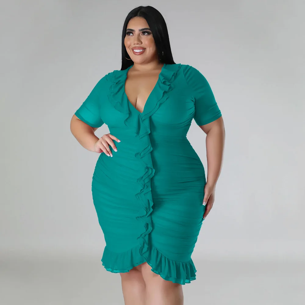 Plus Size Curvy Woman Dress Ruffle Short V Neck Cloth Female Fashion Luxury Elegant Gown 2023 Spring Evening Party New In Dress