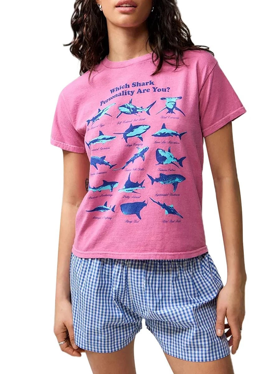 

Женские летние топы с принтом акулы, повседневные свободные футболки с коротким рукавом и круглым вырезом, блузки