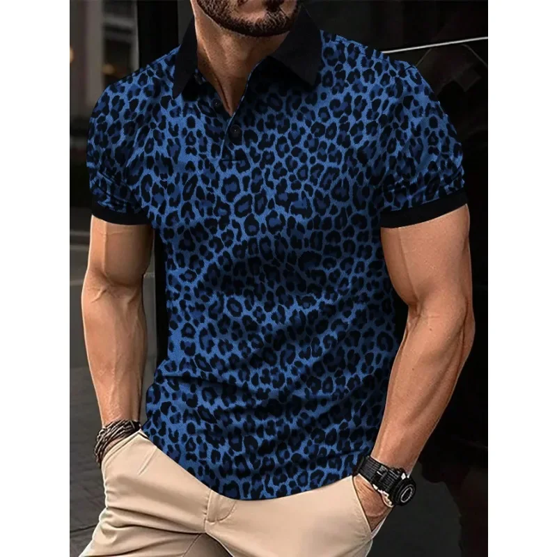 1pc Men's Fashion Leopard Print Short Sleeve Breathable Lapel T-shirt