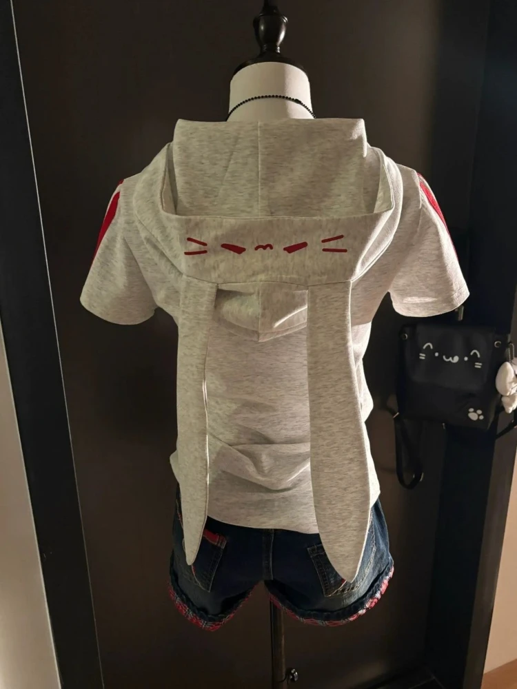 Japanese Cute Babes Slim Fit Cardigan Subculture Kawaii Ears Short Sleeve Hoodies Women Summer New Sweet Streetwear Grey Tops
