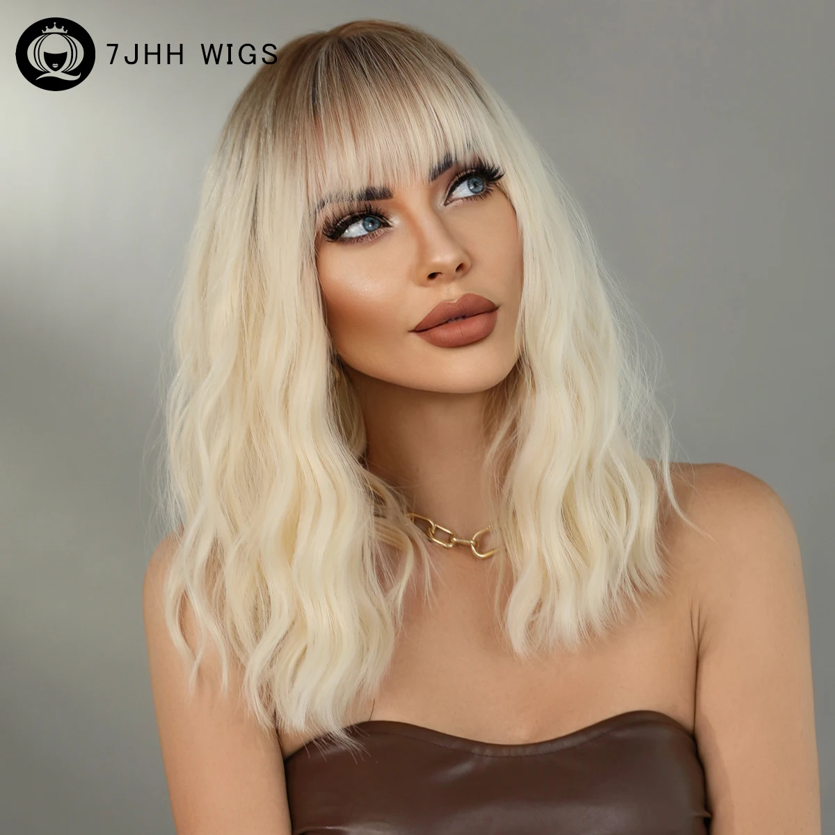 Kurze Blonde Ombré-Perücke Mit Dunklen Wurzeln – Hitzebeständig Bis 150°C, Mit Verstellbarer Kappe, Gewellt