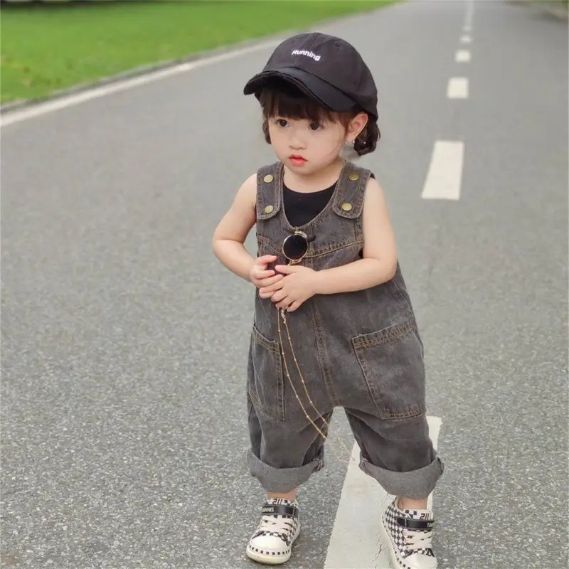 Children Clothing Kids Pants Korean Style Spring and Summer New Fashionable 2023 Girls Retro Denim Suspenders Baby Cute Jumpsuit