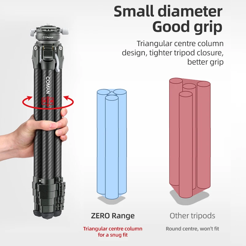 COMAN Zero F38 Carbon Fiber Lightweight Travel Tripod Professional Dslr Camera Tripod For Film making Smartphone Maxload 39.6lbs 6