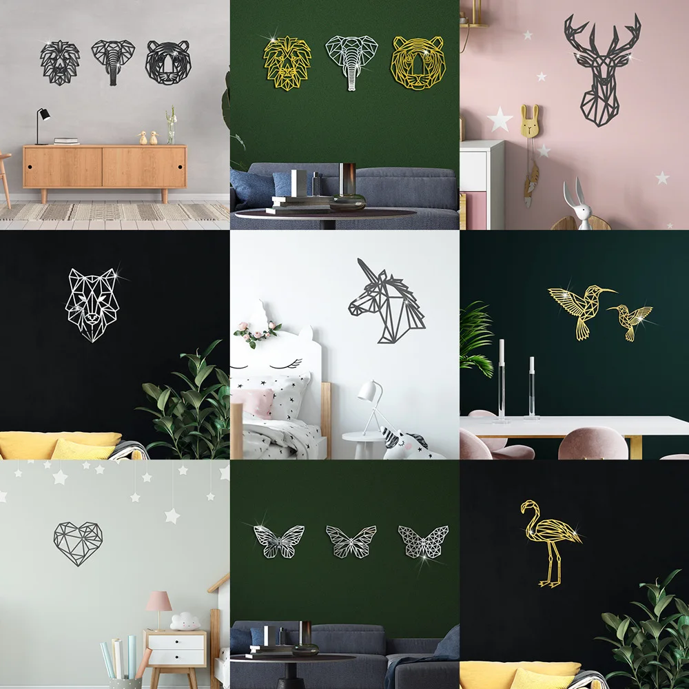 Unicorn Lion Elephant Deer Geometric Line Wall Mirror Stickers Kids Room Decal Gold Silver Black Hollow Acrylic Home Wallpaper