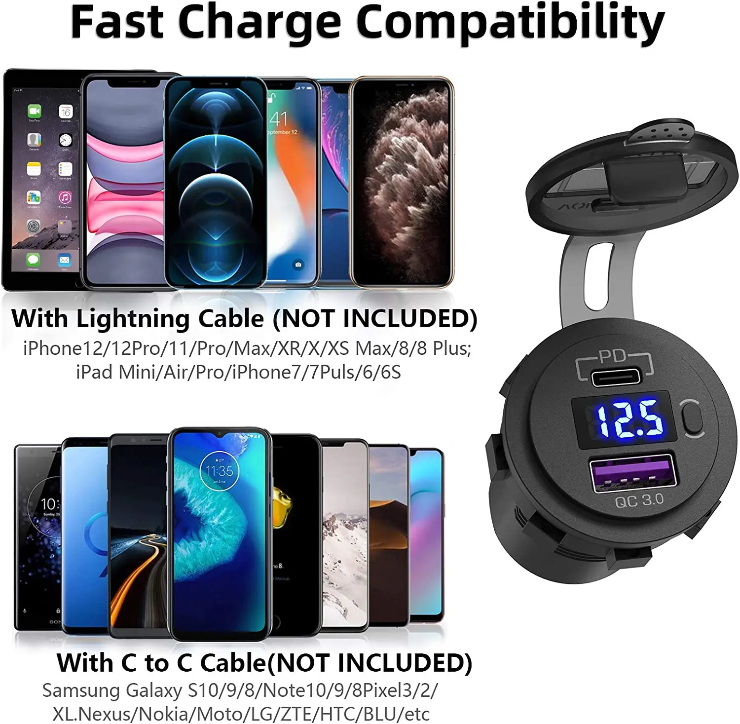 Car Charger USB C 12V/24V Dual Socket PD3.0 QC3.0 with LED Voltmeter On/Off Switch