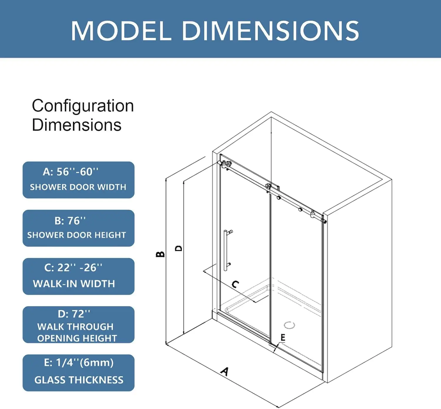 Kpuy Frameless Shower Door, 56-60"" W X 76"" H Glass Shower Door, Sliding Shower Door With 1/4"" (6Mm) Tempered Glass, 5