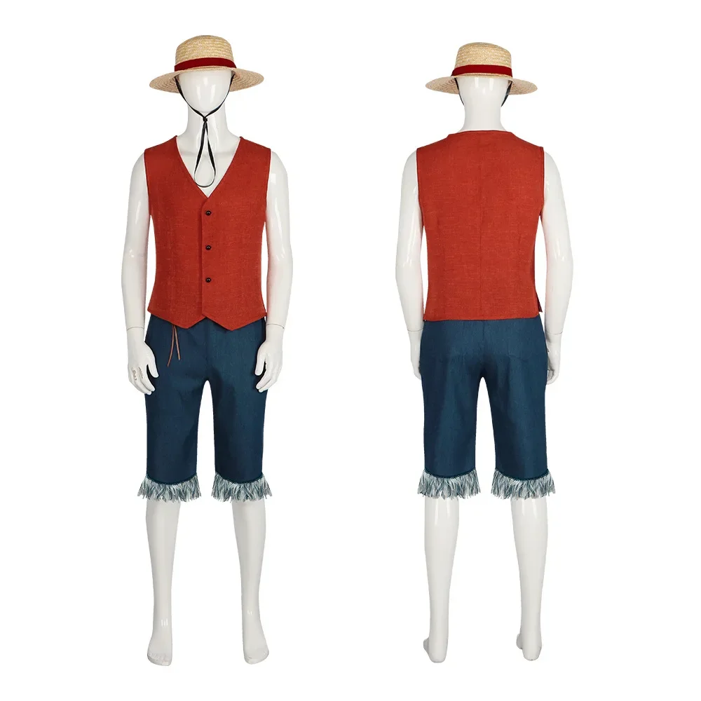 

Anime One Piece Monkey D. Luffy Cosplay Costume Vest Shorts Suit Straw Hat Live Version Man Luffy Suit Halloween Costume