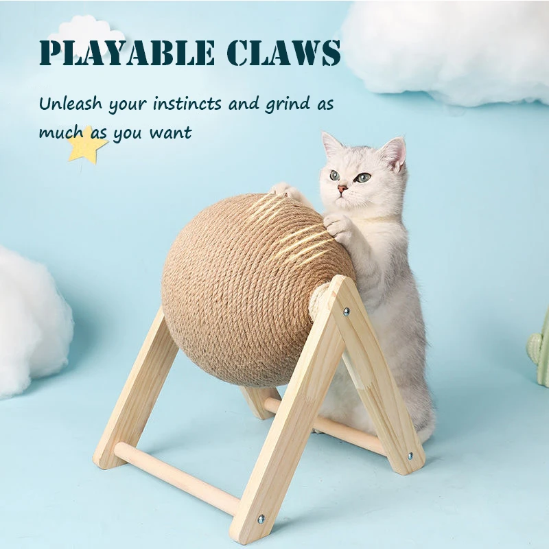 Sisal Cat Toy Scratch Solid Wood Cat Scratching Ball Natural Durable