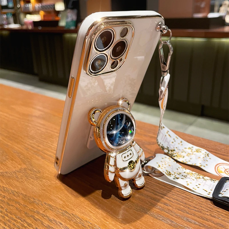 Crossbody Lanyard Quicksand Space Bear Plating Case - Stylish Protective Cover with Glitter Effect