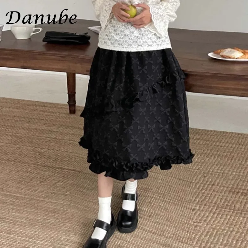 

Vintage Goth Black Ruffled Kawaii Long Skirts Women Japanese Bows Print High Waist Lolita Skirt Harajuku Preppy Style Midi Skirt