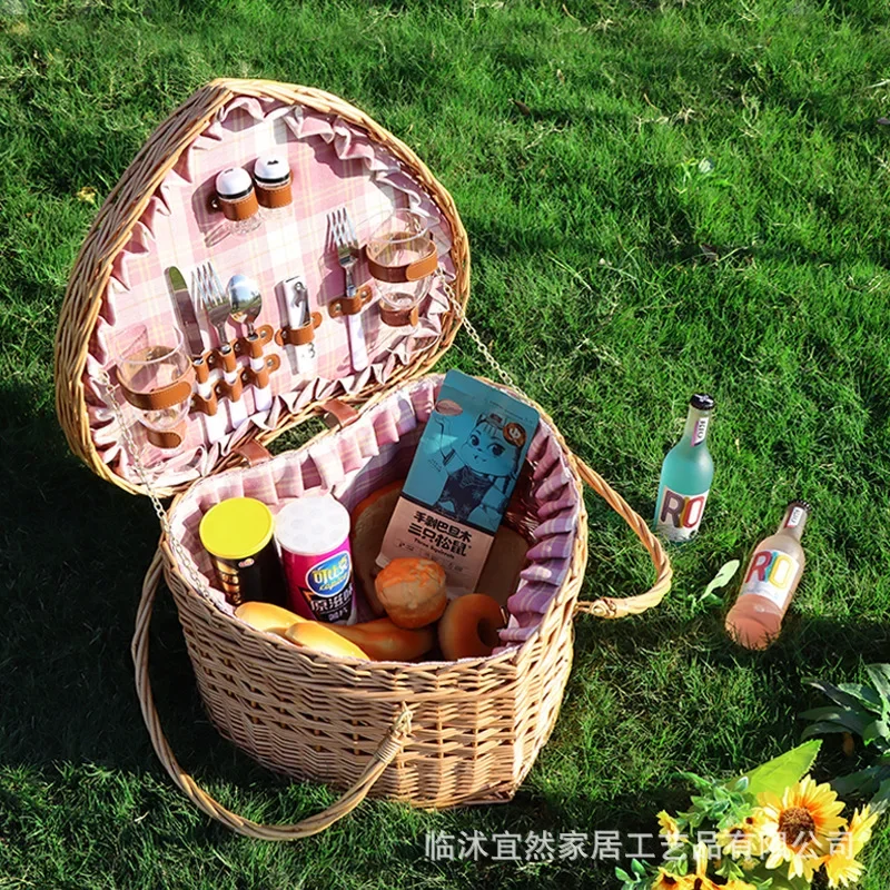 Outdoor Pull Rod Type Picnic Basket Container Multi-function Rattan Weave Picnic Carrier with Wheels Semi-circular Food Storage 5