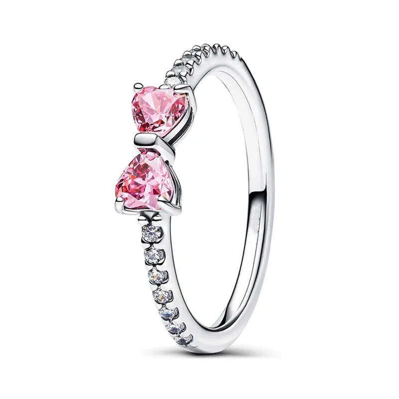 Silver Ring 925 Sterling Silver Red Pink Ring Heart Bow Sun Moon Colorful Crystal For Women Valentine's Birthday Gift DIY Jewelry
