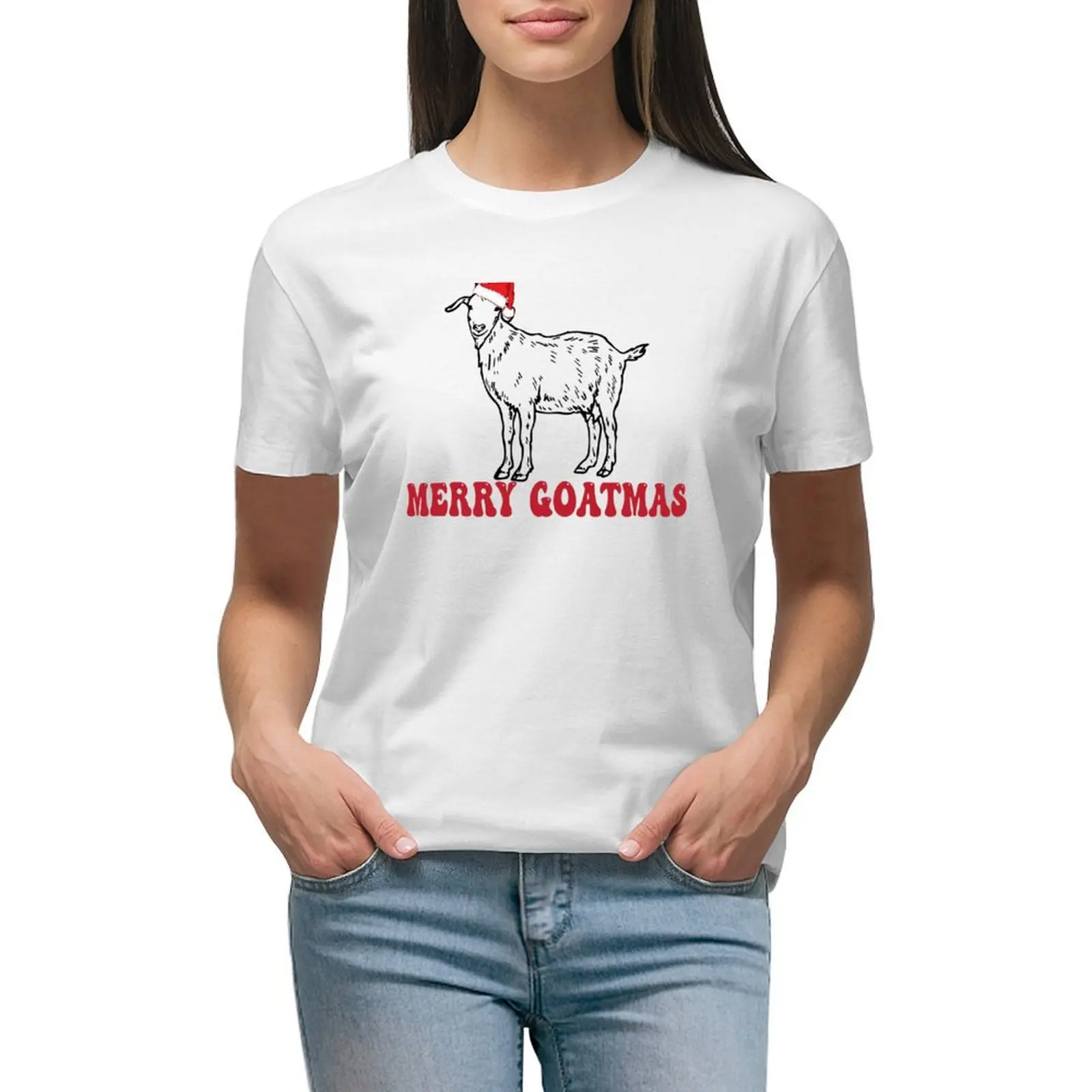 

Funny Merry Goatmas With Santa Hat for Goat Lover Ugly Xmas T-shirt funny plain t shirts for Women