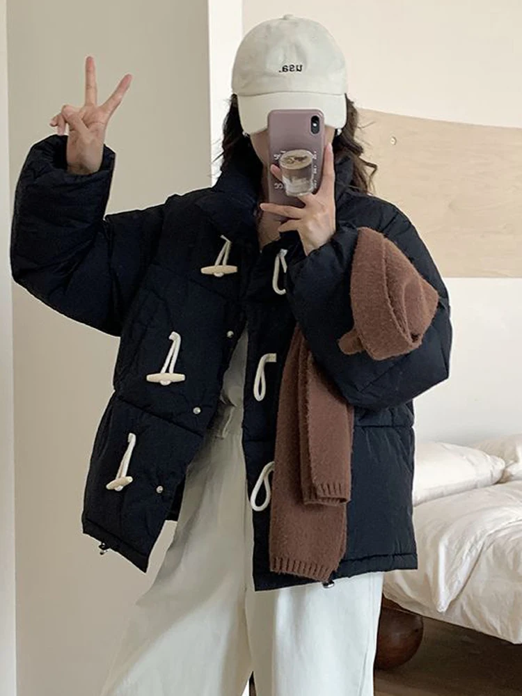 

Autumn Winter Coat Women Vintage Cow Horn Button Parkas Female Preppy Style Fashion Cotton Jacket Ladies Casual Loose Chic Coats