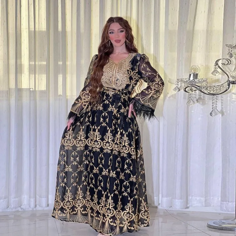 Arab Dubai Women's Dress Golden Embroidery Gorgeous Jalabiya Djellaba Muslim Evening Dress long dresses  prom dress