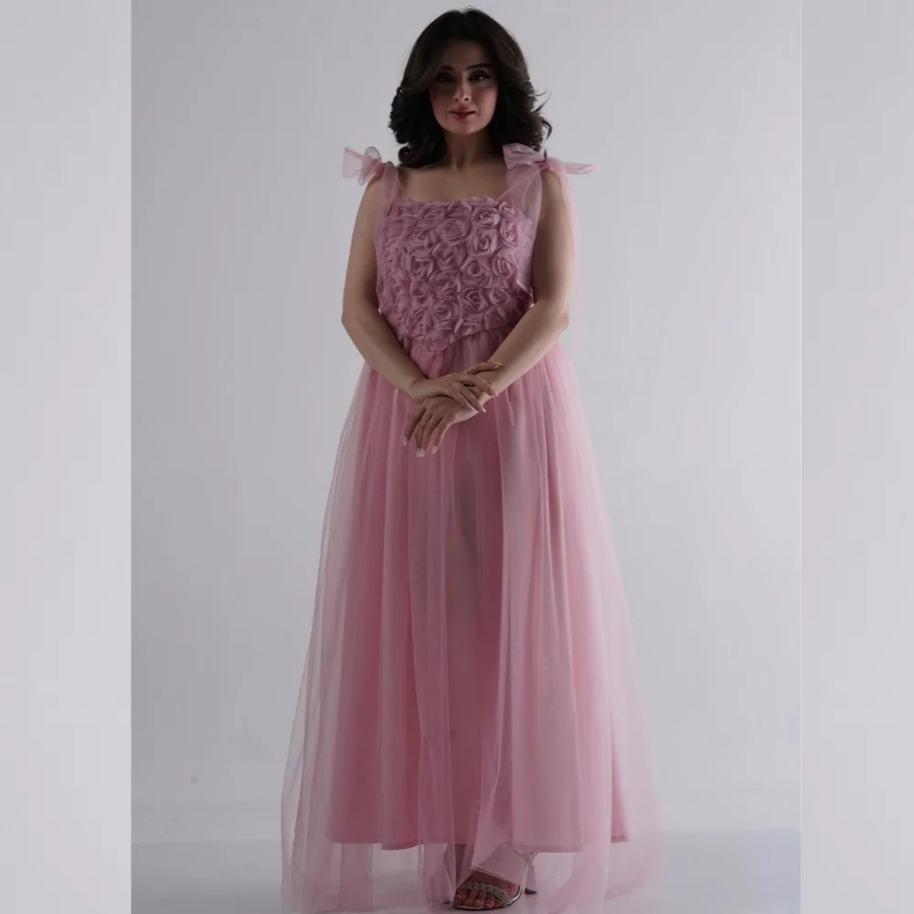 

Prom Dress Satin Draped Flower Celebrity A-line Square Collar Bespoke Occasion Gown Long Sleeve Dresses Saudi Arabia Evening