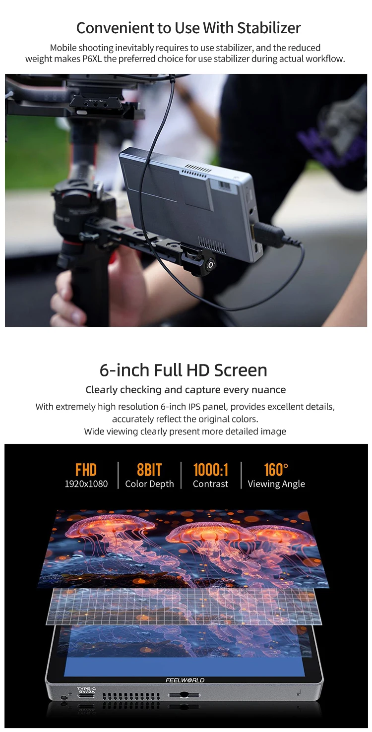 Description Picture 6 of itemFEELWORLD P6XL 6-inch aluminum built-in battery photography monitor 4K HDMI-compatible high brightness 1200nit FHD IPS