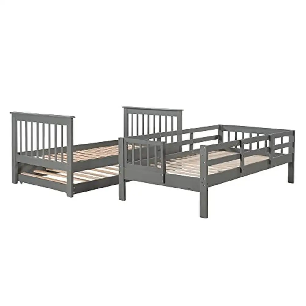 Twin Bunk Bed with Trundle Stairs Open Shelves Kids Teens Bedroom Grey Espresso Modern Sturdy Wood Kids Furniture Guest Room 5