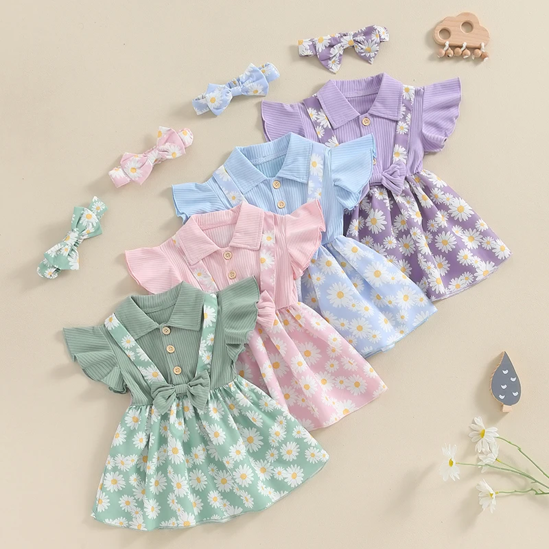 

2024-04-17 Lioraitiin Toddler Girls Two Piece Outfits Daisy Print Patchwork Ribbed Dress and Headband for Summer Clothes