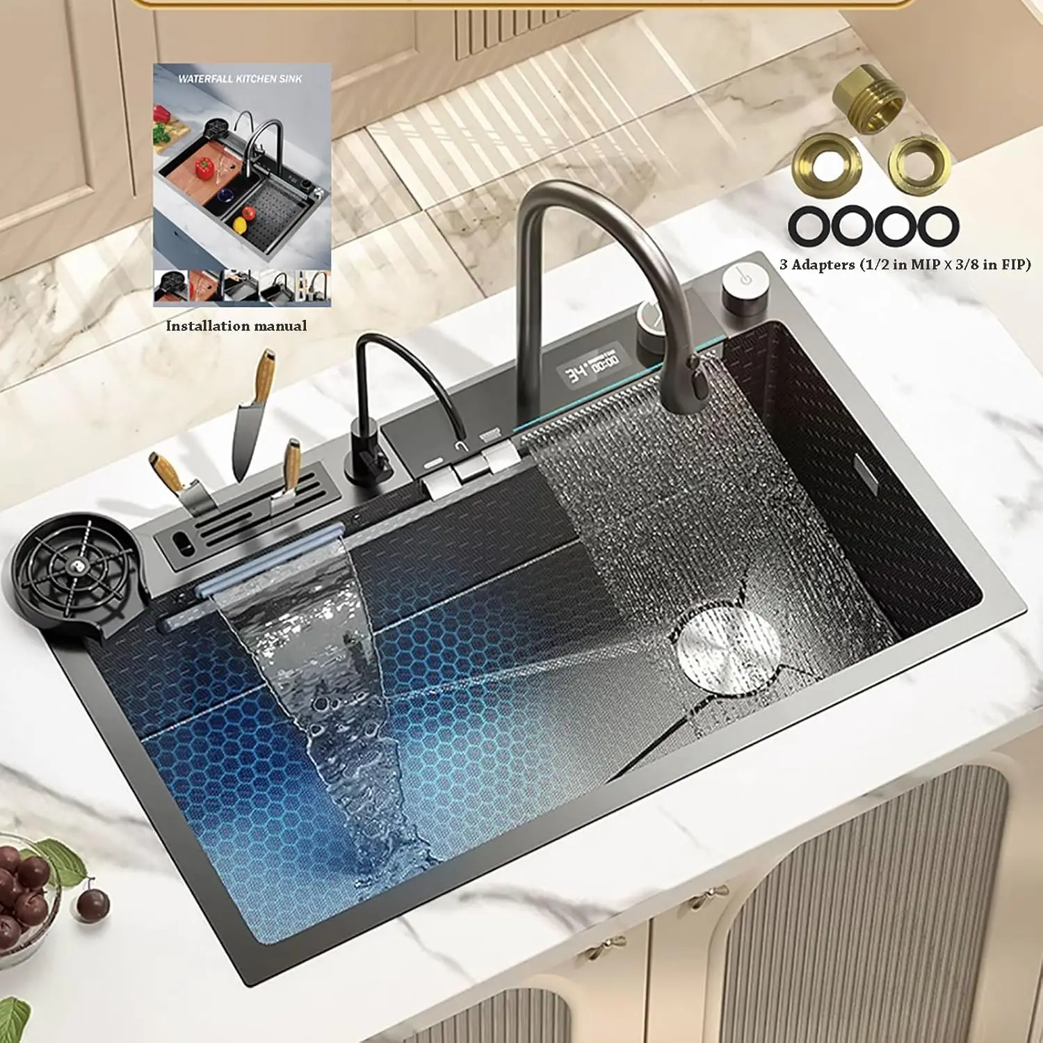 Stainless Steel Smart Waterfall Kitchen Sink Single Bowl Digital Display Honeycomb Nano Modern Workstation Sink with Pull Down F