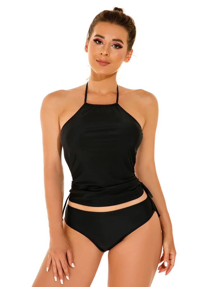 

Однотонный купальник из двух частей с лямкой на шее, женское сексуальное бикини с низкой талией, с открытой спиной, танкини 2023, новый пляжный купальный костюм, купальник