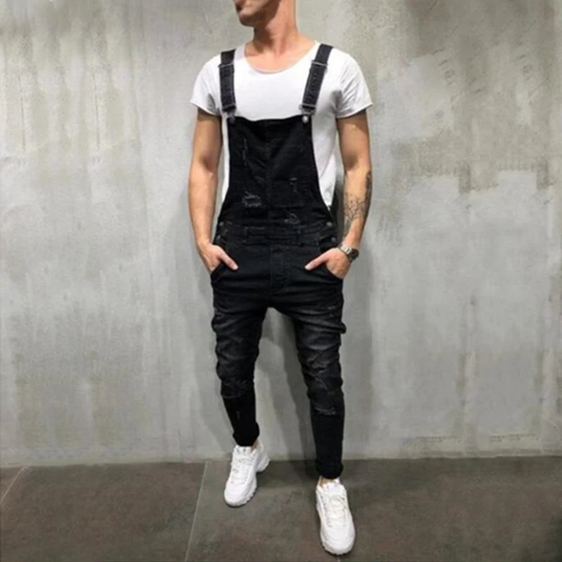 Men's Biker Jeans Bib Overalls Jumpsuits Streetwear Casual Stretch Ripped Dungarees Strap Jeans