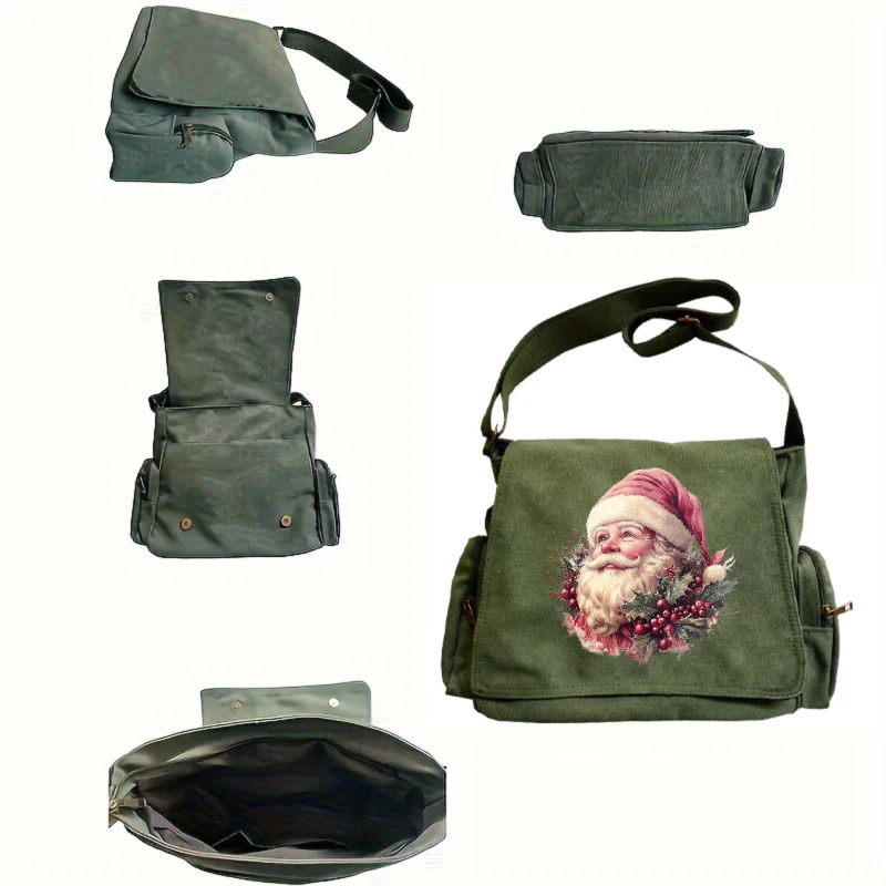 Christmas Theme Women's Shoulder Bag Multiple Pockets Retro Canvas Crossbody Bag Santa Claus Print Messenger Bag For Women Gifts