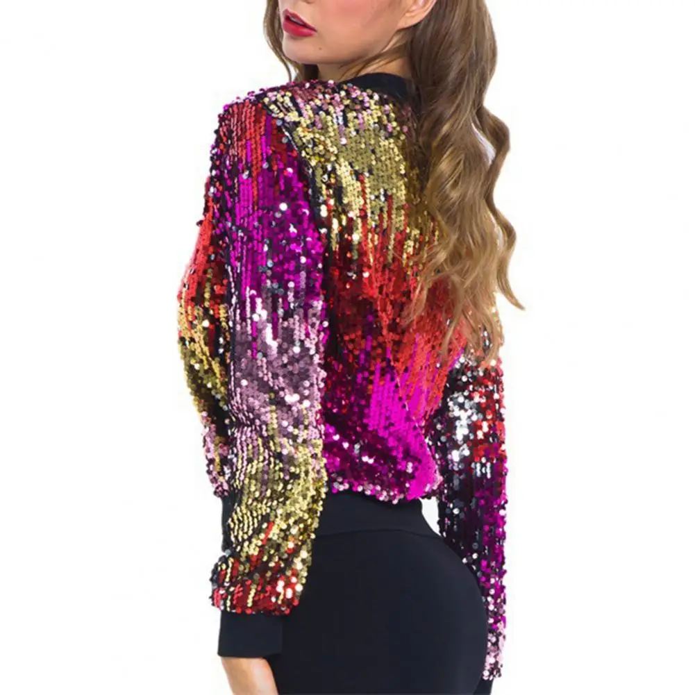 

Women Jacket Sequin Gradient Color Cardigan Stylish V Neck Jacket for Women Long Sleeve Zipper Closure Coat for Club Performance