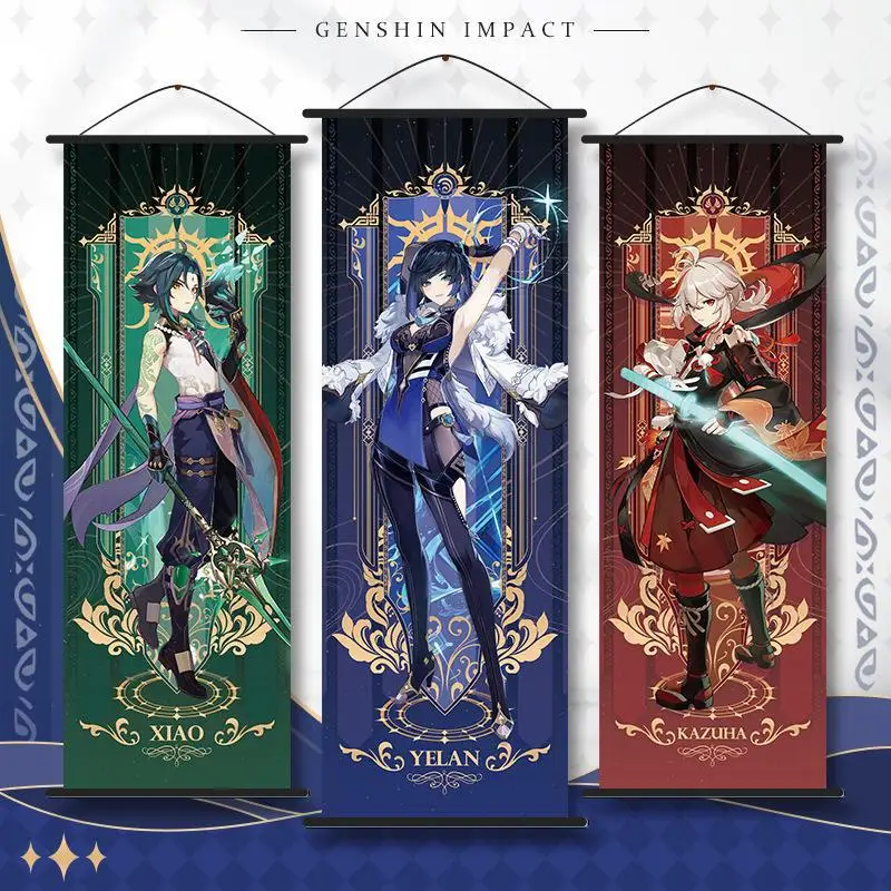 Wall Hanging Poster Genshin Impact Wanderer Tarot Cosplay Anime Xiao Raiden Shogun Kazuha Zhongli Scroll Canvas