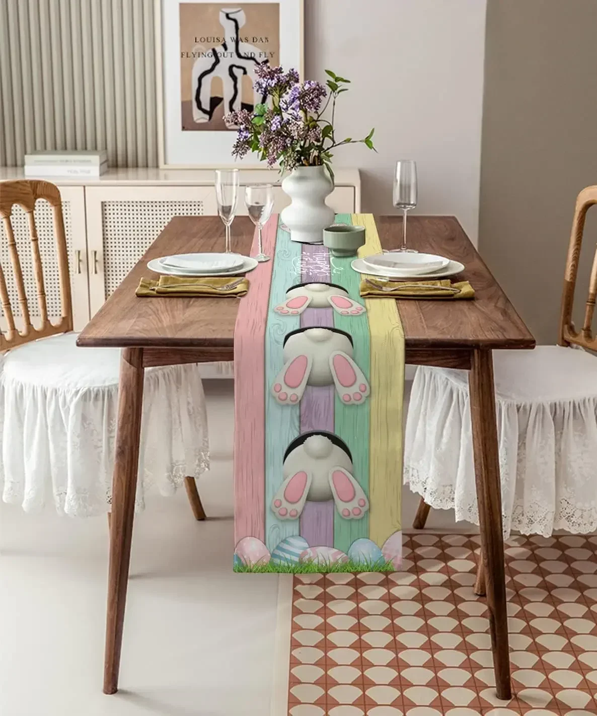 Easter Bunny Eggs Wood Grain Linen Table Runners Dresser Scarves Table Decor Farmhouse Dining Table Runners Party Decorations 3